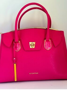Cromia Pink Satchel Top Handle Bag Zip Closure, Gold Hardware, Bottom Studs